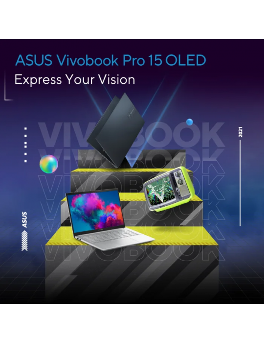  Laptop - ASUS Vivobook Pro 15 D3500QC-OLED007W AMD R7-5800H-16GB-SSD 512GB-RTX3050-4GB-15.6 FHD OLED-Win10-Quiet Blue