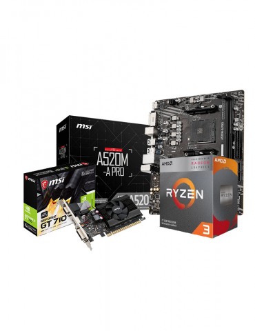 Bundle AMD Ryzen™ 3 4100-3.8GHZ- 4.0GHZ-4C/8T BOX-MB MSI ™ AMD A520M-A PRO-VGA MSI GeForce GT 710 2G D3H LP
