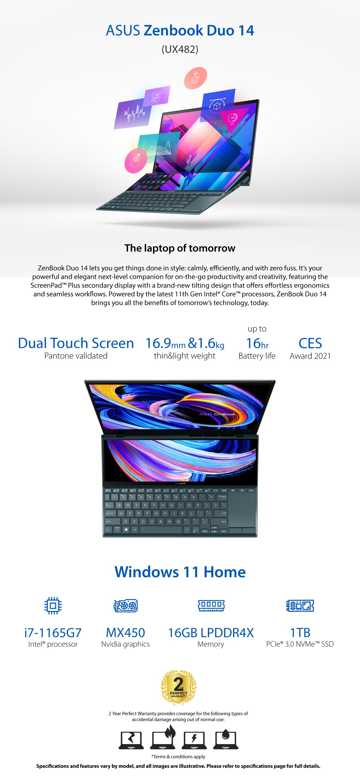 Asus Zenbook Duo 14 UX482EGR-HY007W 14 inch FHD Ci7-1195G7 16GB RAM 1TB SSD Intel NVIDIA GeForce MX450 2G Win11 Sleeve Stand Stylus 90NB0S51-M002D0